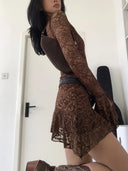 Summer Y2k Women's Dresses Sexy Sheer Mesh Lace Bodycon Dress Flared Long Sleeve V-Neck Mini Dress Party Club Evening Dresses