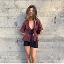 Vintage Fringed Fitted Shirts Women V Neck Short Sleeves Lace Up Ruffles Blouse Female 2026 Summer New Chic Fashion Tops Lady