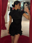Tossy Fashion Ruffled Elegant Party Dress Women Short Sleeve Patchwork Slim Printed High Waist Dress Summer Female Mini Dress