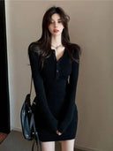 Autumn Winter Mini Dress Women V Neck Button Sexy Sweater Elegant Bodycon Dresses Long Sleeve Robe Short Skirt Waist Solid