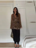 Vintage Sequin Sheer Mini Dress For Women Chic Floral Embroidery V-neck Long Sleeve Ruffled Hem Dresses NEW Party Cocktail Dress