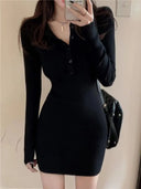 Autumn Winter Mini Dress Women V Neck Button Sexy Sweater Elegant Bodycon Dresses Long Sleeve Robe Short Skirt Waist Solid