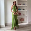Elegant Women's Halter Long Dress Hollow Out Backless Ruffles Maxi Dresses Evening Wedding Guest Holiday Vacation Summer New In