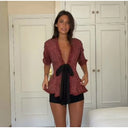 Vintage Fringed Fitted Shirts Women V Neck Short Sleeves Lace Up Ruffles Blouse Female 2026 Summer New Chic Fashion Tops Lady