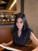 Retro V-ne Chiffon Blouse Women's Summer Design Sense Exquisite Beautiful Top Svel Lace Trim Commuting Sle Slim Fit