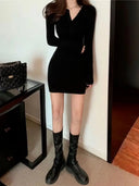 Autumn Winter Mini Dress Women V Neck Button Sexy Sweater Elegant Bodycon Dresses Long Sleeve Robe Short Skirt Waist Solid