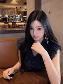 Retro V-ne Chiffon Blouse Women's Summer Design Sense Exquisite Beautiful Top Svel Lace Trim Commuting Sle Slim Fit