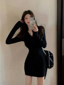 Autumn Winter Mini Dress Women V Neck Button Sexy Sweater Elegant Bodycon Dresses Long Sleeve Robe Short Skirt Waist Solid