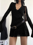 Summer Y2k Women's Dresses Sexy Sheer Mesh Lace Bodycon Dress Flared Long Sleeve V-Neck Mini Dress Party Club Evening Dresses