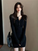 Autumn Winter Mini Dress Women V Neck Button Sexy Sweater Elegant Bodycon Dresses Long Sleeve Robe Short Skirt Waist Solid
