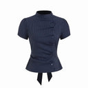 Harajuku Streak Graphic Print O-Neck Aesthetics Women Y2K T-shirt Casual Fashion Button Short Sleeve Top Versatile Clothes