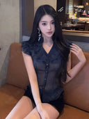 Retro V-ne Chiffon Blouse Women's Summer Design Sense Exquisite Beautiful Top Svel Lace Trim Commuting Sle Slim Fit