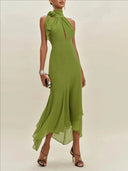 Elegant Women's Halter Long Dress Hollow Out Backless Ruffles Maxi Dresses Evening Wedding Guest Holiday Vacation Summer New In