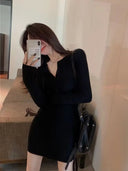 Autumn Winter Mini Dress Women V Neck Button Sexy Sweater Elegant Bodycon Dresses Long Sleeve Robe Short Skirt Waist Solid