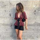 Vintage Fringed Fitted Shirts Women V Neck Short Sleeves Lace Up Ruffles Blouse Female 2026 Summer New Chic Fashion Tops Lady