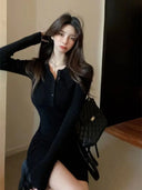 Autumn Winter Mini Dress Women V Neck Button Sexy Sweater Elegant Bodycon Dresses Long Sleeve Robe Short Skirt Waist Solid