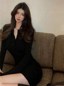 Autumn Winter Mini Dress Women V Neck Button Sexy Sweater Elegant Bodycon Dresses Long Sleeve Robe Short Skirt Waist Solid