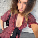 Vintage Fringed Fitted Shirts Women V Neck Short Sleeves Lace Up Ruffles Blouse Female 2026 Summer New Chic Fashion Tops Lady