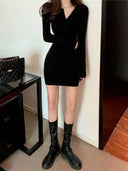 Autumn Winter Mini Dress Women V Neck Button Sexy Sweater Elegant Bodycon Dresses Long Sleeve Robe Short Skirt Waist Solid