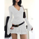 Summer Y2k Women's Dresses Sexy Sheer Mesh Lace Bodycon Dress Flared Long Sleeve V-Neck Mini Dress Party Club Evening Dresses
