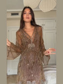 Vintage Sequin Sheer Mini Dress For Women Chic Floral Embroidery V-neck Long Sleeve Ruffled Hem Dresses NEW Party Cocktail Dress