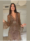 Vintage Sequin Sheer Mini Dress For Women Chic Floral Embroidery V-neck Long Sleeve Ruffled Hem Dresses NEW Party Cocktail Dress