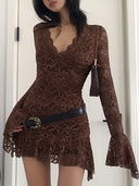 Summer Y2k Women's Dresses Sexy Sheer Mesh Lace Bodycon Dress Flared Long Sleeve V-Neck Mini Dress Party Club Evening Dresses