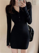 Autumn Winter Mini Dress Women V Neck Button Sexy Sweater Elegant Bodycon Dresses Long Sleeve Robe Short Skirt Waist Solid