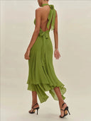 Elegant Women's Halter Long Dress Hollow Out Backless Ruffles Maxi Dresses Evening Wedding Guest Holiday Vacation Summer New In