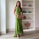 Elegant Women's Halter Long Dress Hollow Out Backless Ruffles Maxi Dresses Evening Wedding Guest Holiday Vacation Summer New In