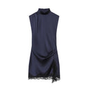 BSAY Satin dresses women's clothing fashion back zip hem lace patchwork slit sexy nightclub mini dress chic French Evening