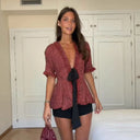 Vintage Fringed Fitted Shirts Women V Neck Short Sleeves Lace Up Ruffles Blouse Female 2026 Summer New Chic Fashion Tops Lady