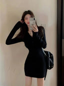 Autumn Winter Mini Dress Women V Neck Button Sexy Sweater Elegant Bodycon Dresses Long Sleeve Robe Short Skirt Waist Solid